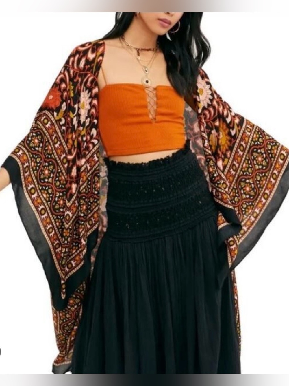 Free People Magic Dance Kimono Duster Black Combo Boho Festival Dark Florals OS - Picture 4 of 8